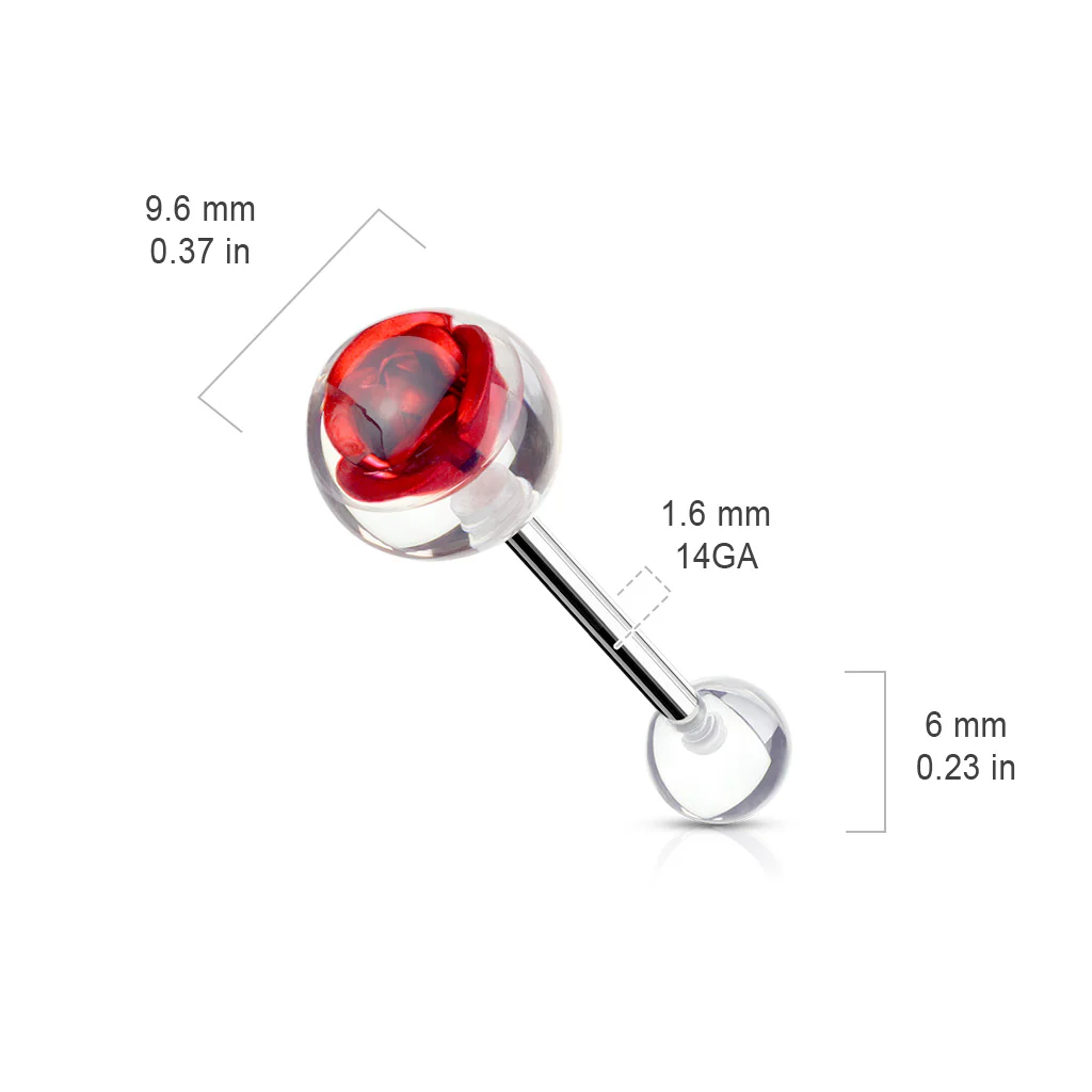 Metal Red Rose Embedded In 10 mm Clear Ball Barbell Tongue Rings - Image 2