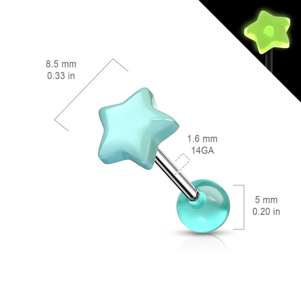 Blue Glow In The Dark Star Top Ball Barbell Tongue Rings - Image 2
