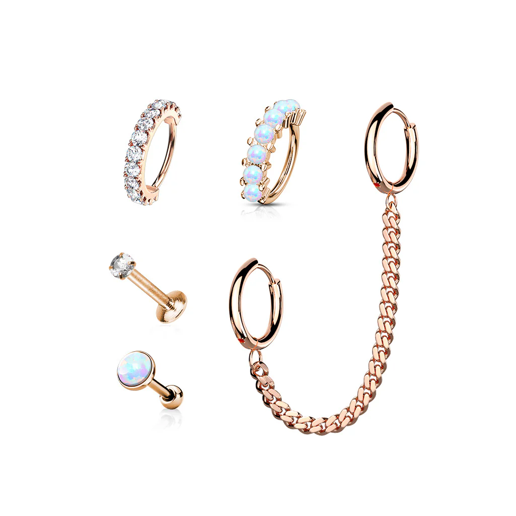 5 Pc Value Pack CZ Lip Labret Opal Ear Cartilage and Hoop Chain Studs - Image 3