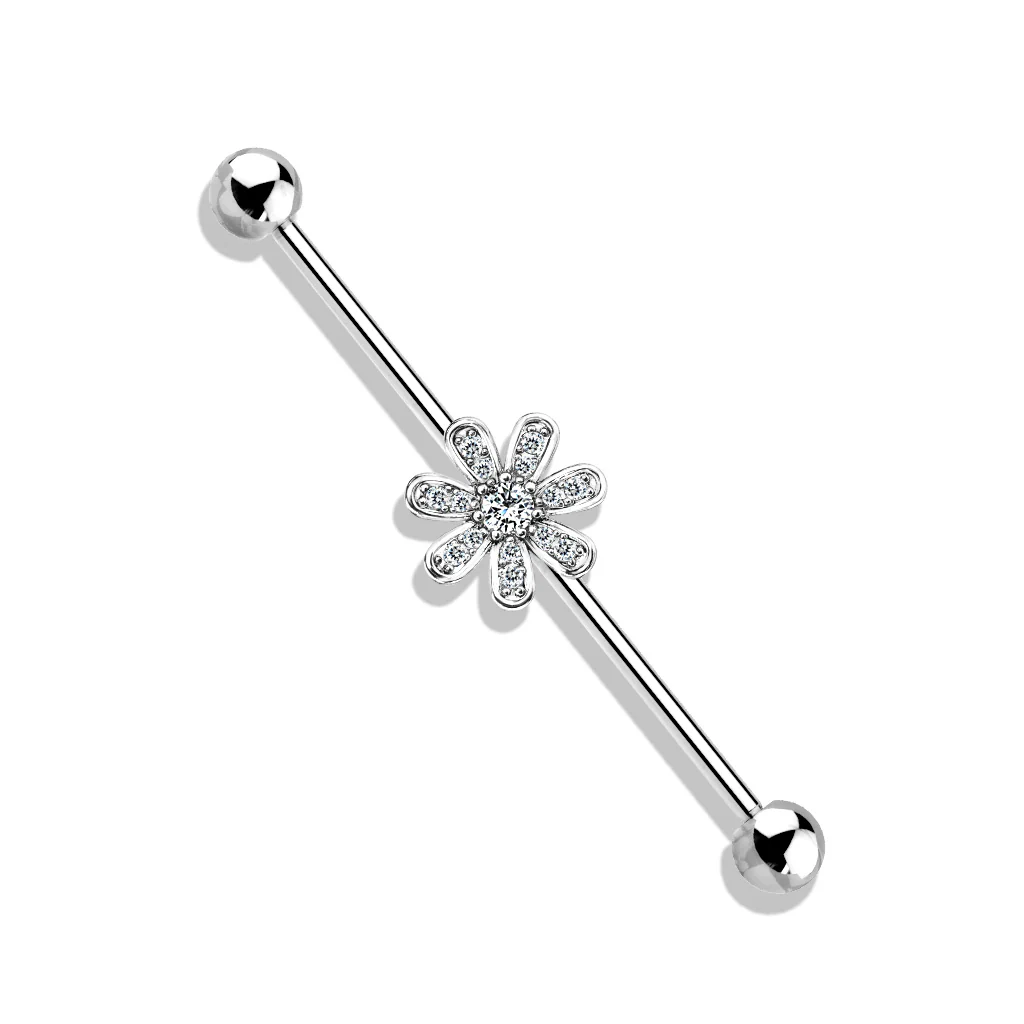 Micro CZ Paved Flower 316L Surgical Steel Industrial Barbells - Image 5