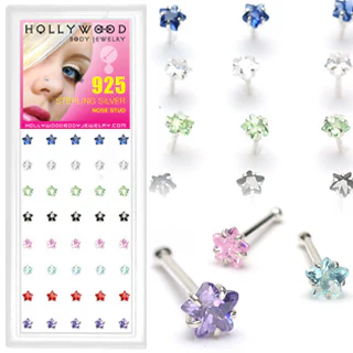 40 Pc Pack Of .925 Sterling Silver 3mm Star Mixed CZ Nose Bone Stud Rings