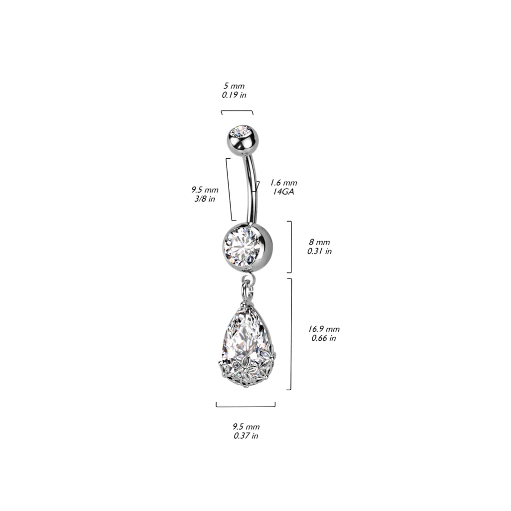 Pear CZ Floral Prong Set Dangle Double Jeweled Navel Belly Button Ring - Image 2