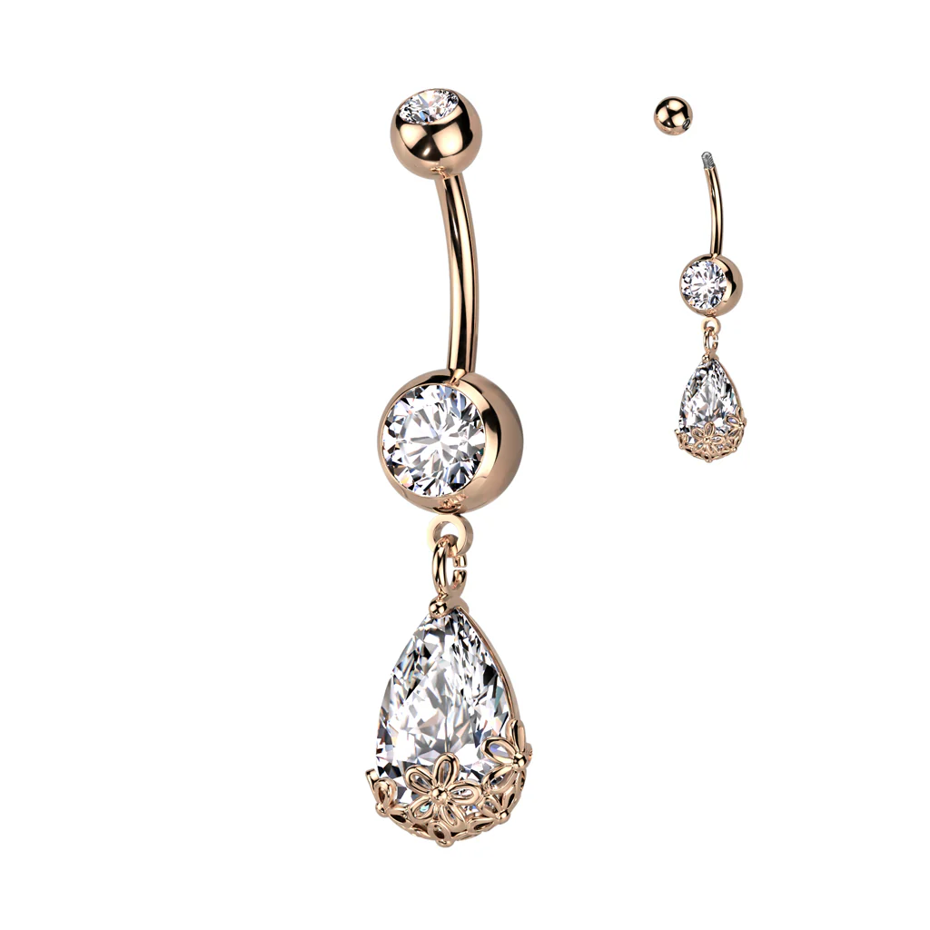 Pear CZ Floral Prong Set Dangle Double Jeweled Navel Belly Button Ring - Image 3