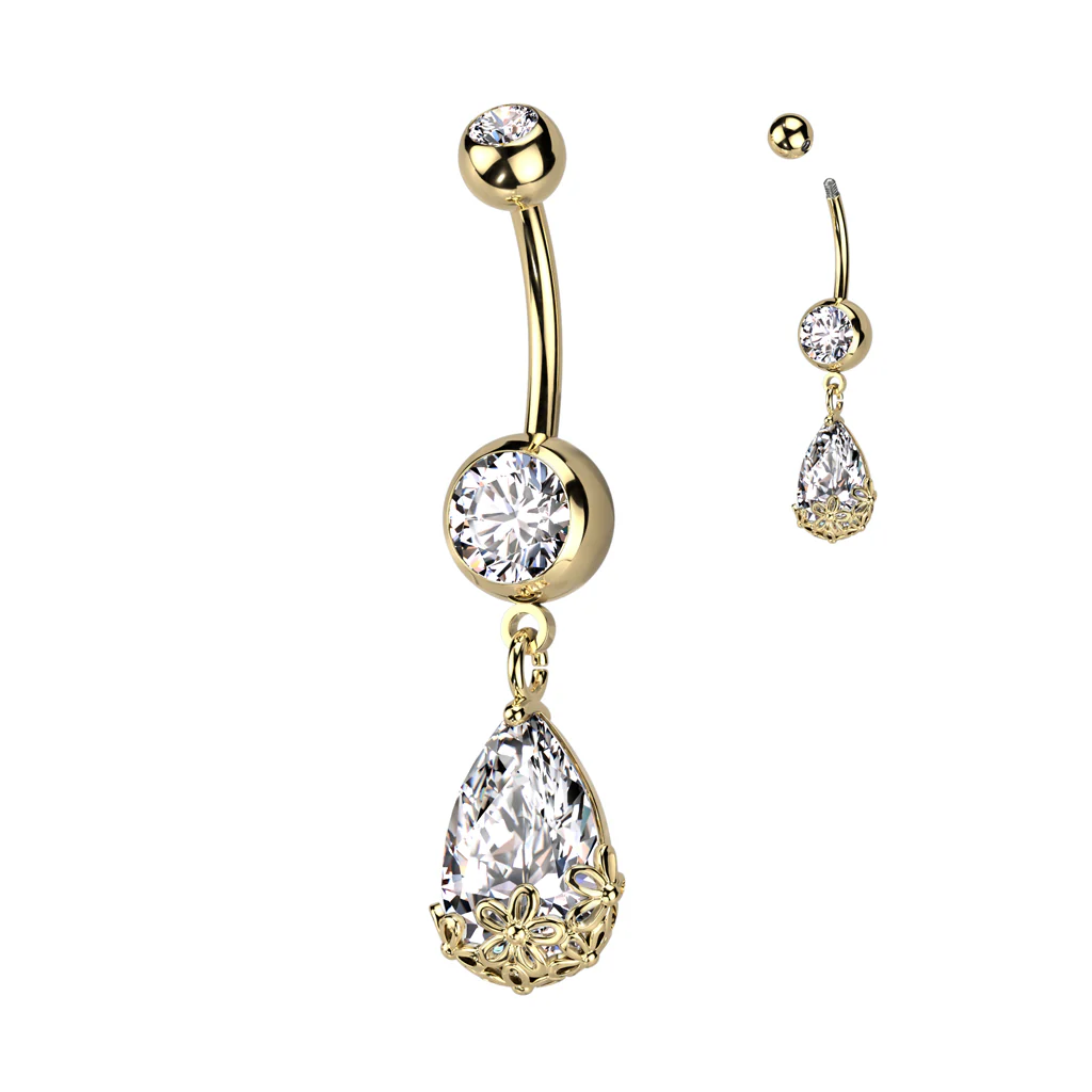Pear CZ Floral Prong Set Dangle Double Jeweled Navel Belly Button Ring - Image 4