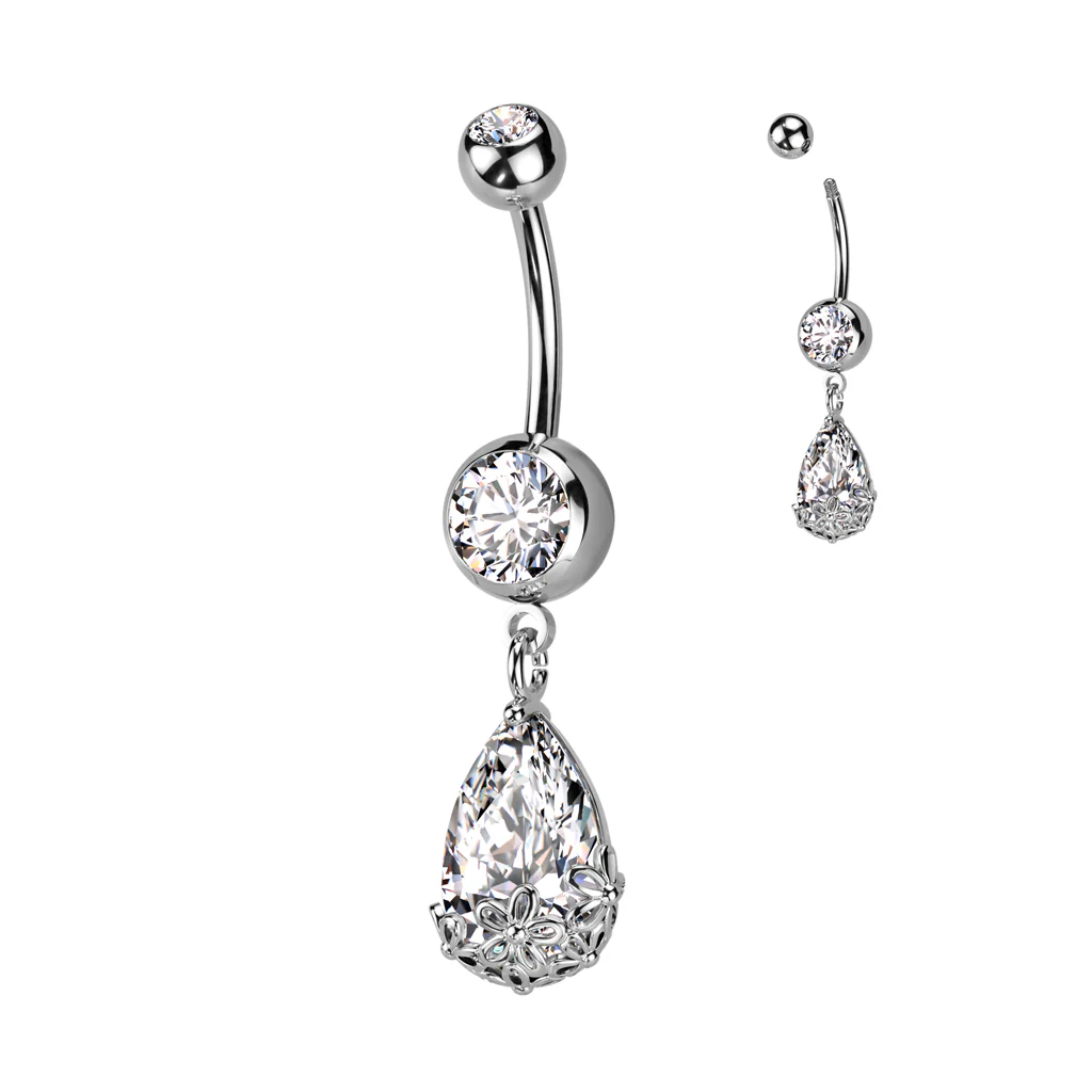 Pear CZ Floral Prong Set Dangle Double Jeweled Navel Belly Button Ring - Image 5