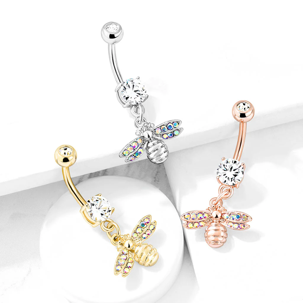 Bee AB CZ Paved Wings Dangle Double Jeweled Navel Belly Button Ring - Image 2