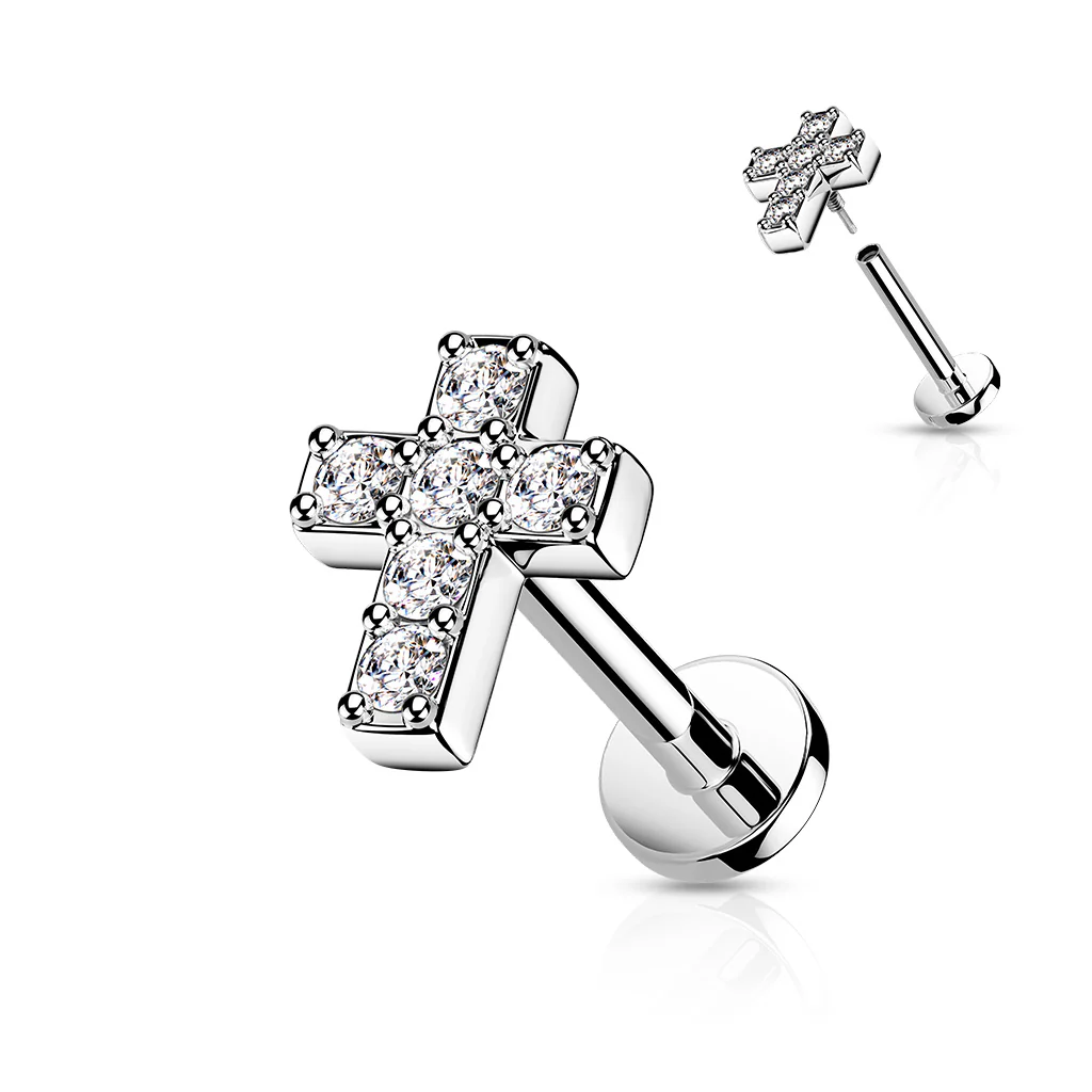 CZ Cross All Surgical Steel Labret Tragus Helix Ear Cartilage Studs - Image 4