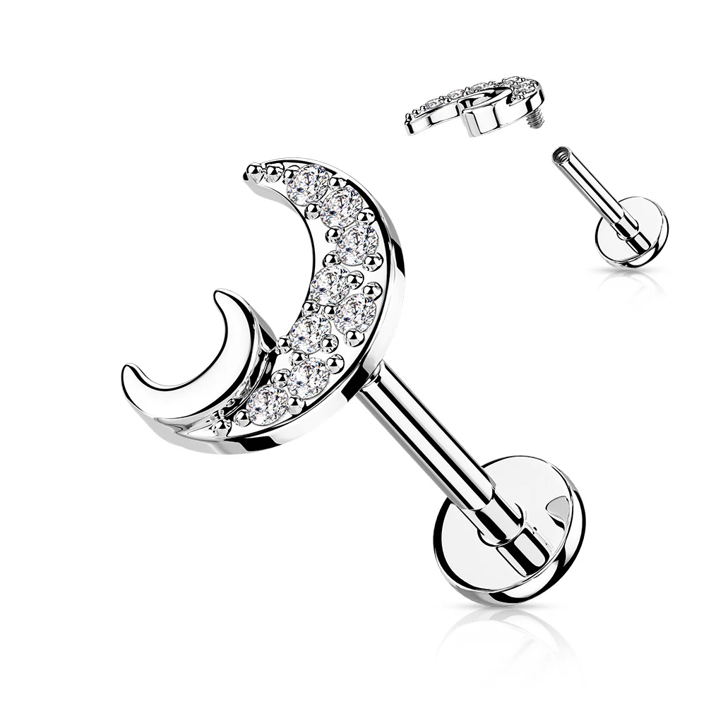 CZ Paved Crescent Moon Top Labret Tragus Snug Ear Cartilage Helix Studs - Image 3