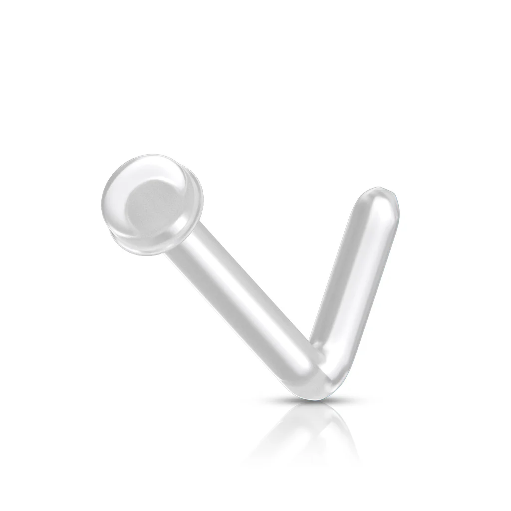 5 Pc Pack Flexible Clear L Bend Nose Ring With 2 MM Flat Round Top Retainer - Image 2