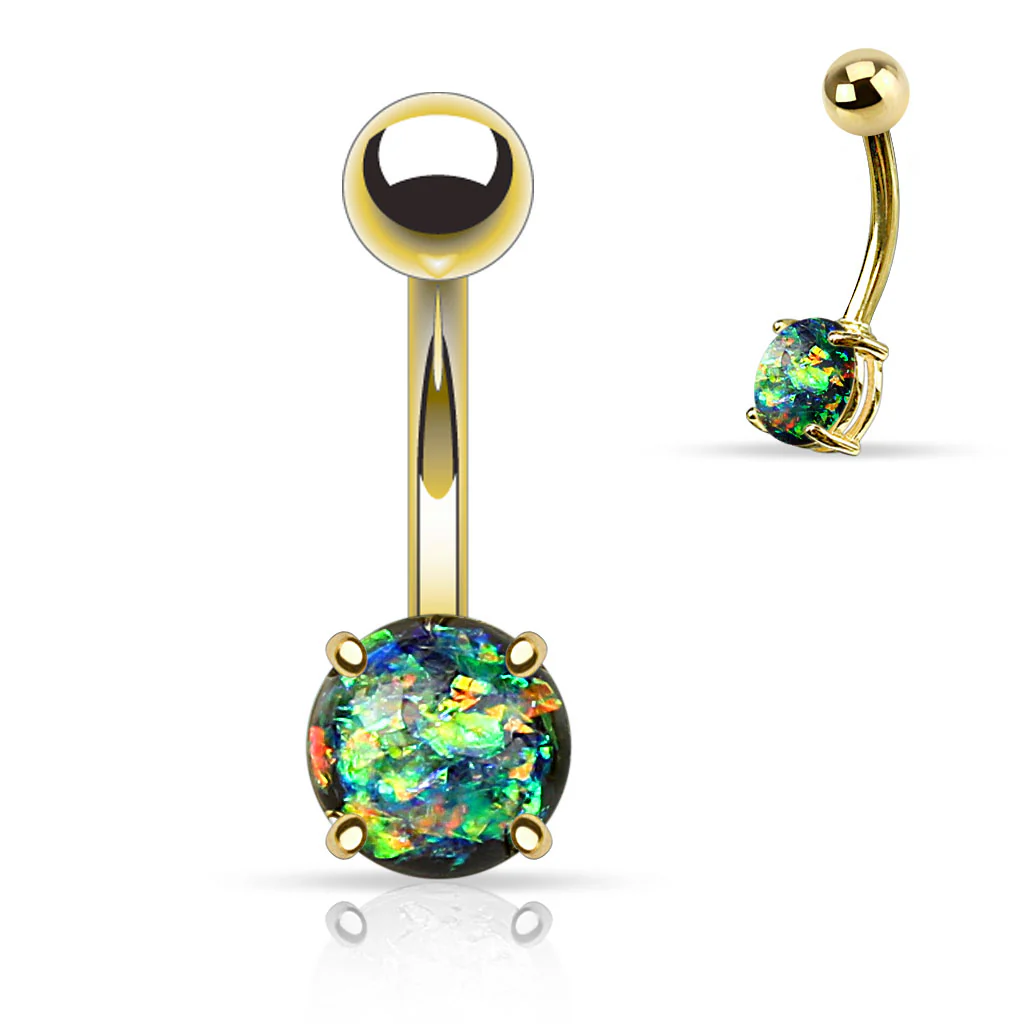 Opal Glitter Prong Set Yellow Gold Plated Navel Belly Button Ring - Image 2