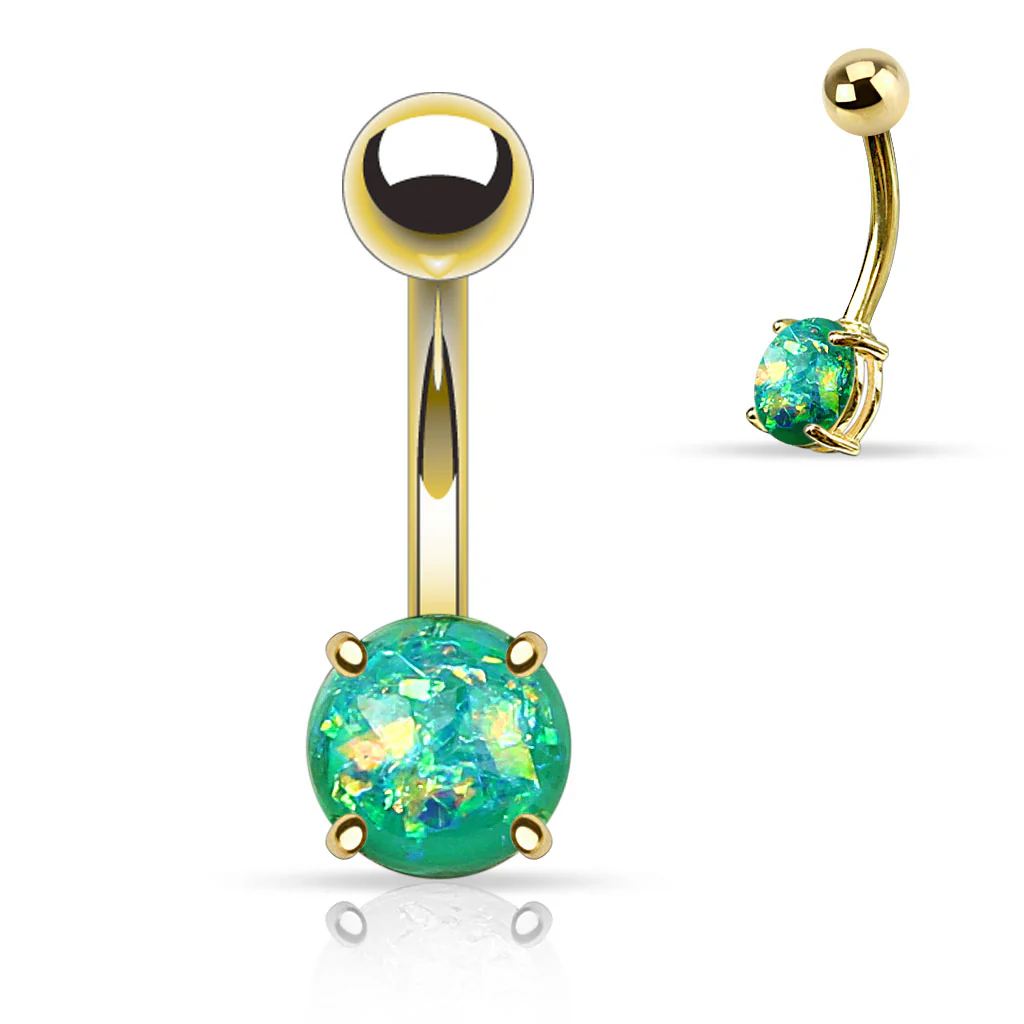 Opal Glitter Prong Set Yellow Gold Plated Navel Belly Button Ring - Image 3