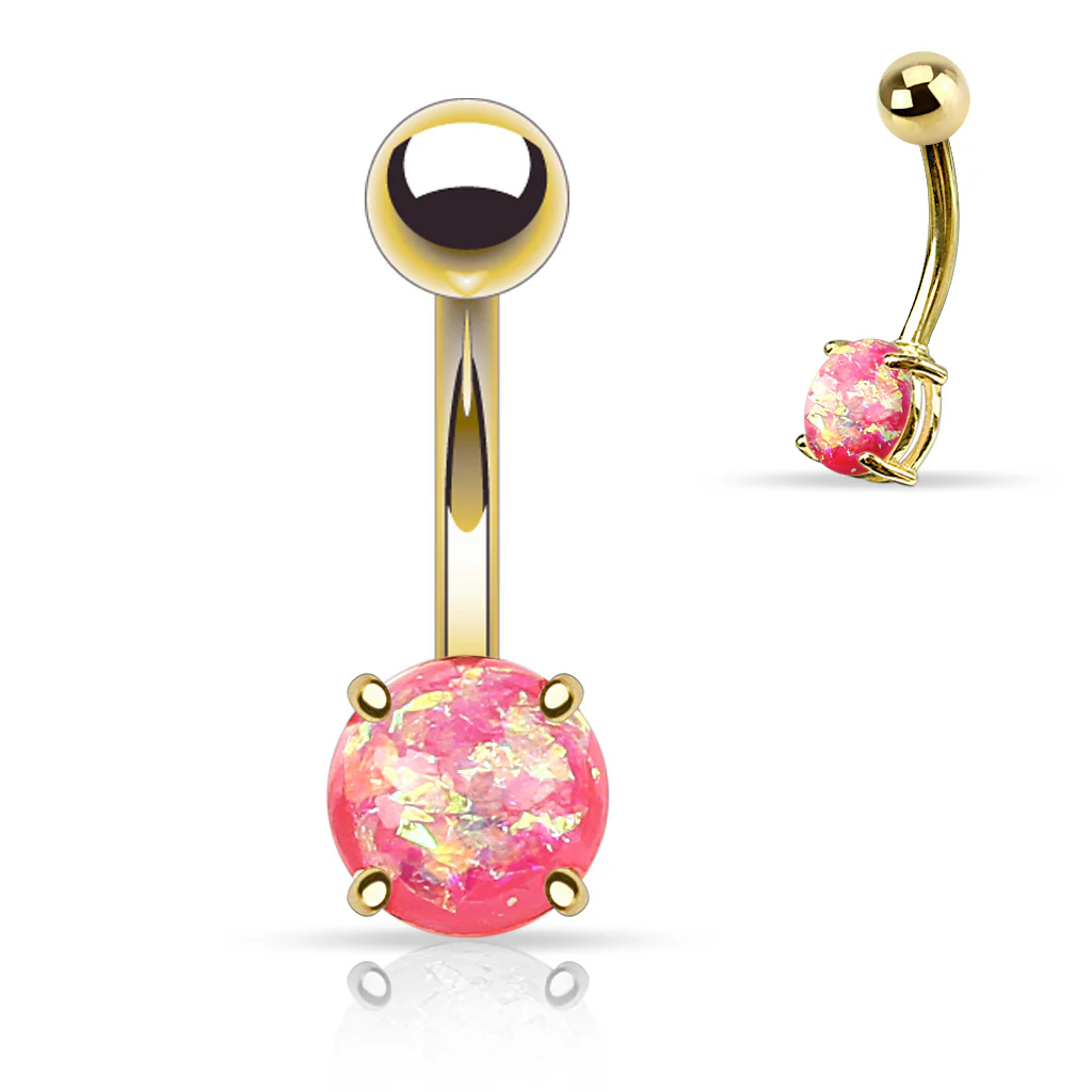 Opal Glitter Prong Set Yellow Gold Plated Navel Belly Button Ring - Image 4