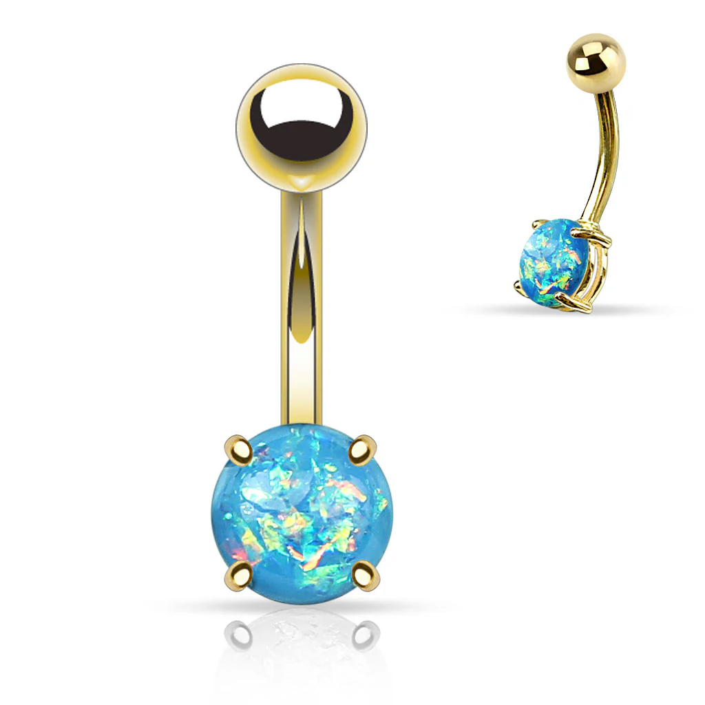 Opal Glitter Prong Set Yellow Gold Plated Navel Belly Button Ring - Image 5