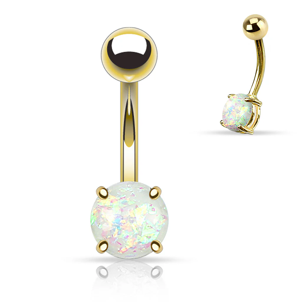Opal Glitter Prong Set Yellow Gold Plated Navel Belly Button Ring - Image 6