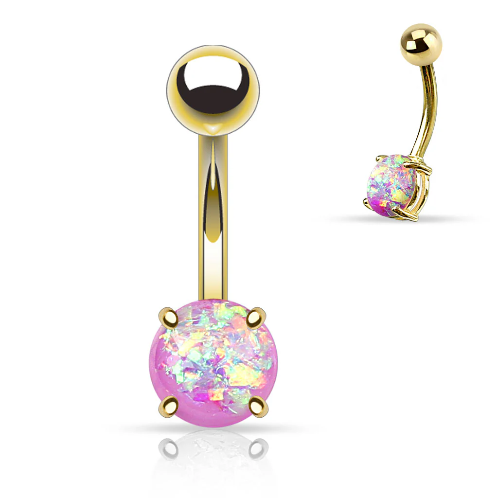 Opal Glitter Prong Set Yellow Gold Plated Navel Belly Button Ring - Image 7