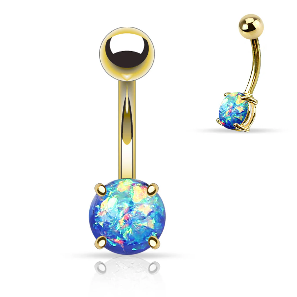 Opal Glitter Prong Set Yellow Gold Plated Navel Belly Button Ring - Image 8