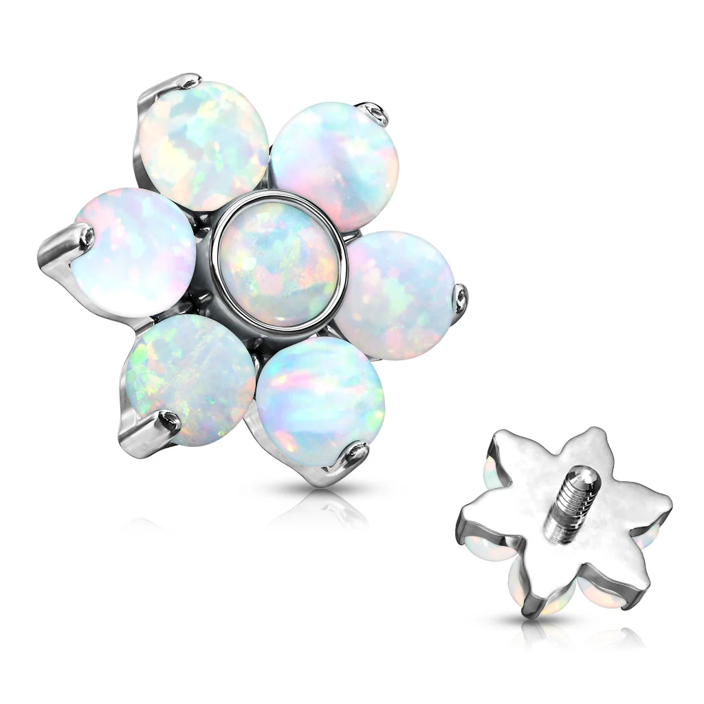16G 6 mm Opal Prong Set Flower Internal Threaded Lip Dermal Anchor Tops - Image 3