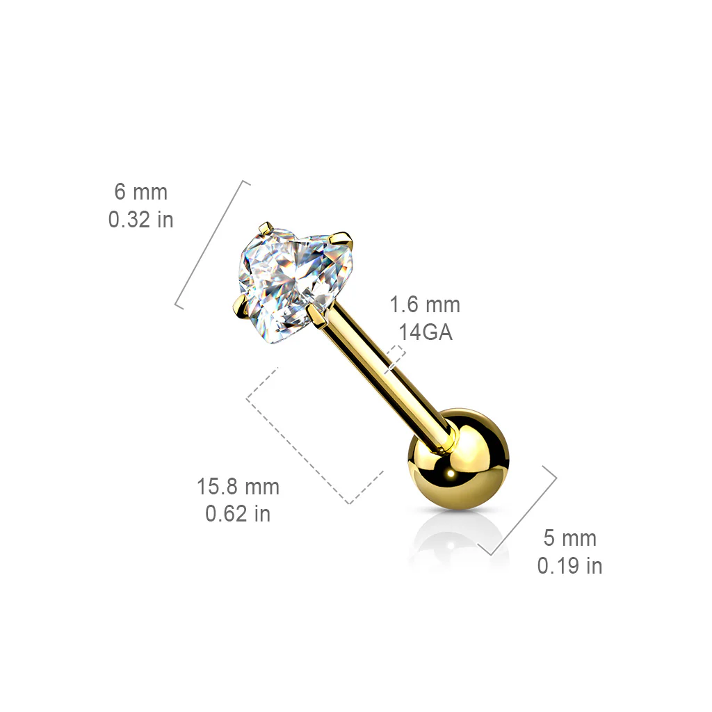 Prong Set 6 mm Heart Shape CZ Surgical Steel Tongue Ring Barbells - Image 10