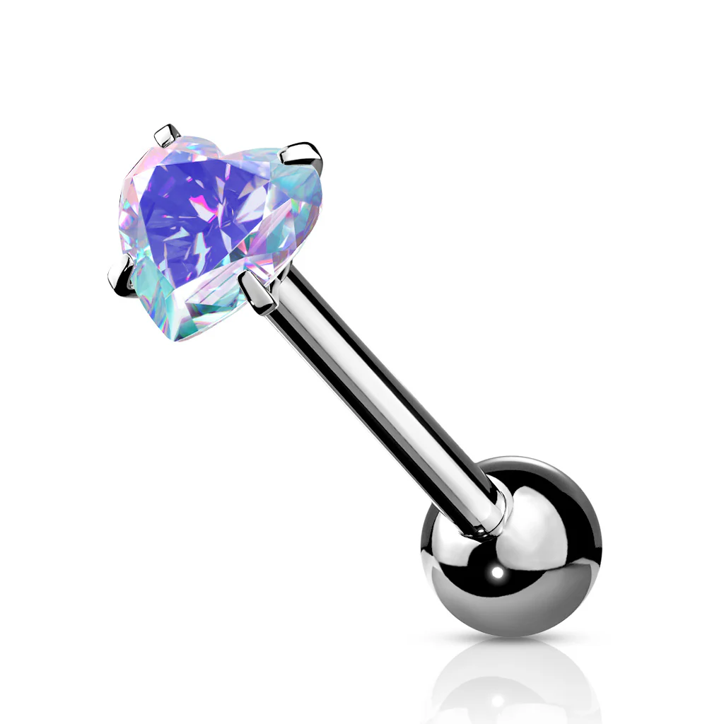 Prong Set 6 mm Heart Shape CZ Surgical Steel Tongue Ring Barbells - Image 2
