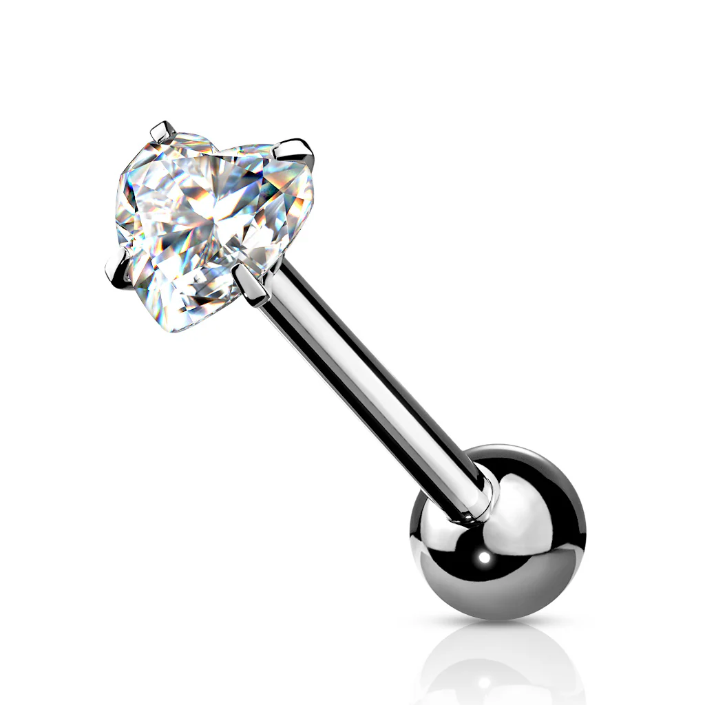 Prong Set 6 mm Heart Shape CZ Surgical Steel Tongue Ring Barbells - Image 3