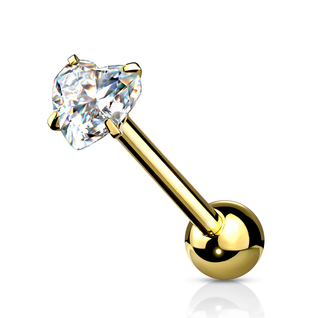 Prong Set 6 mm Heart Shape CZ Surgical Steel Tongue Ring Barbells - Image 4