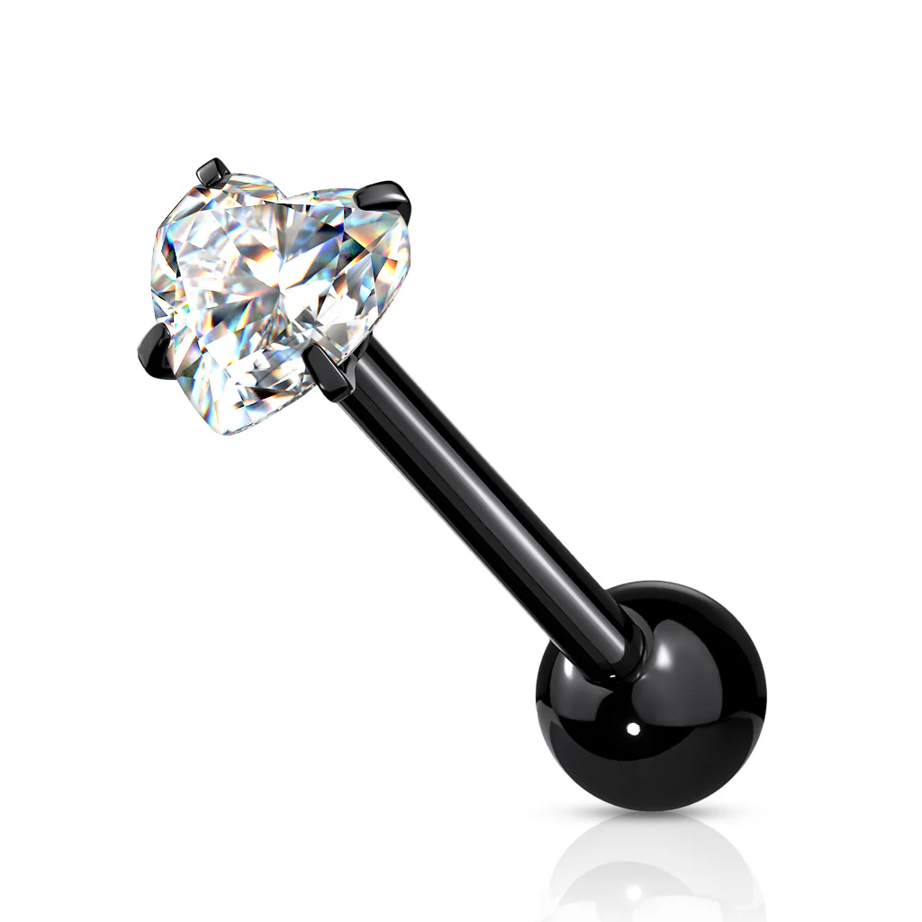 Prong Set 6 mm Heart Shape CZ Surgical Steel Tongue Ring Barbells - Image 5