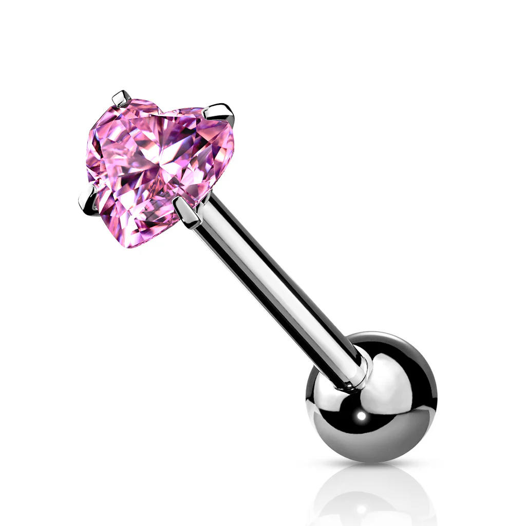Prong Set 6 mm Heart Shape CZ Surgical Steel Tongue Ring Barbells - Image 6