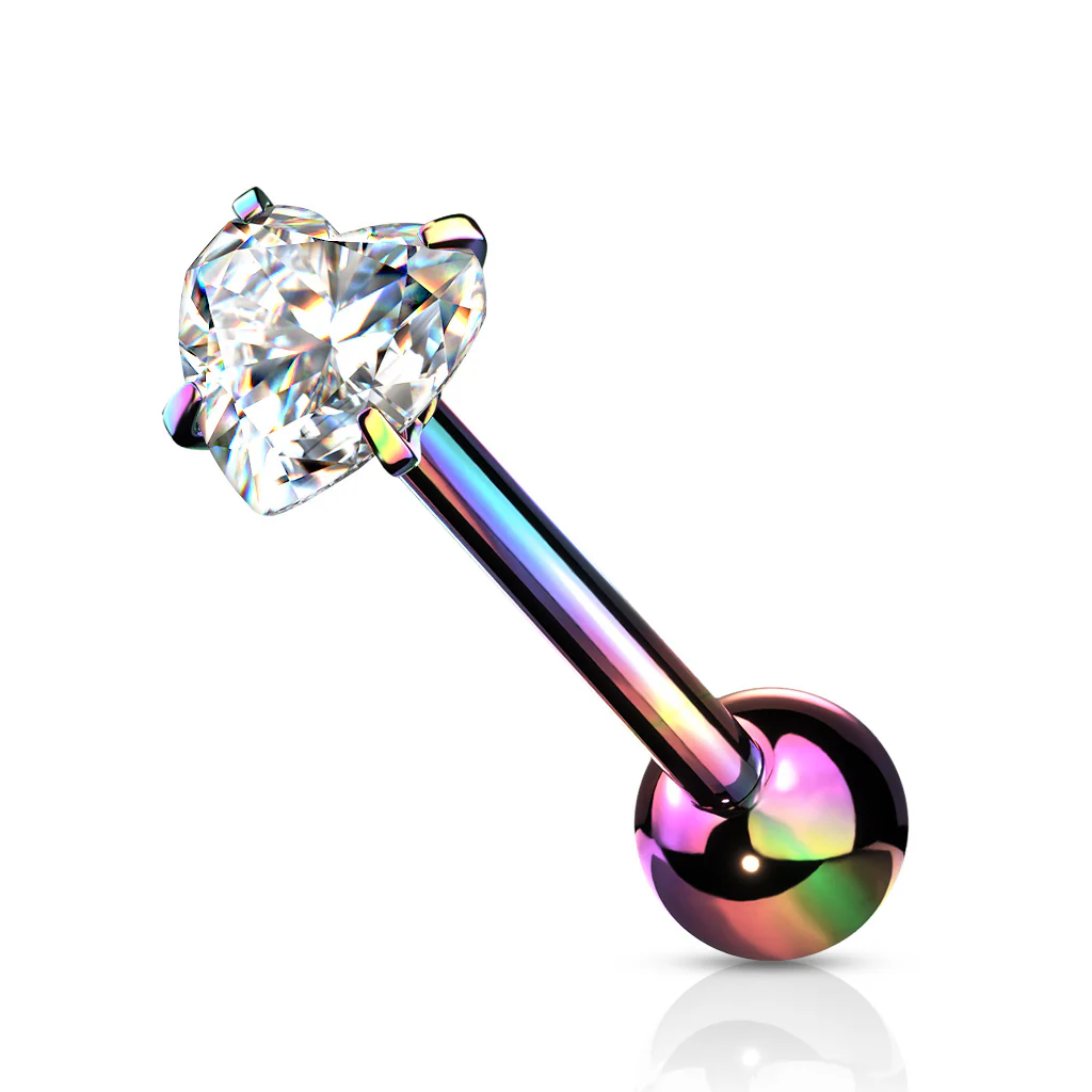Prong Set 6 mm Heart Shape CZ Surgical Steel Tongue Ring Barbells - Image 9
