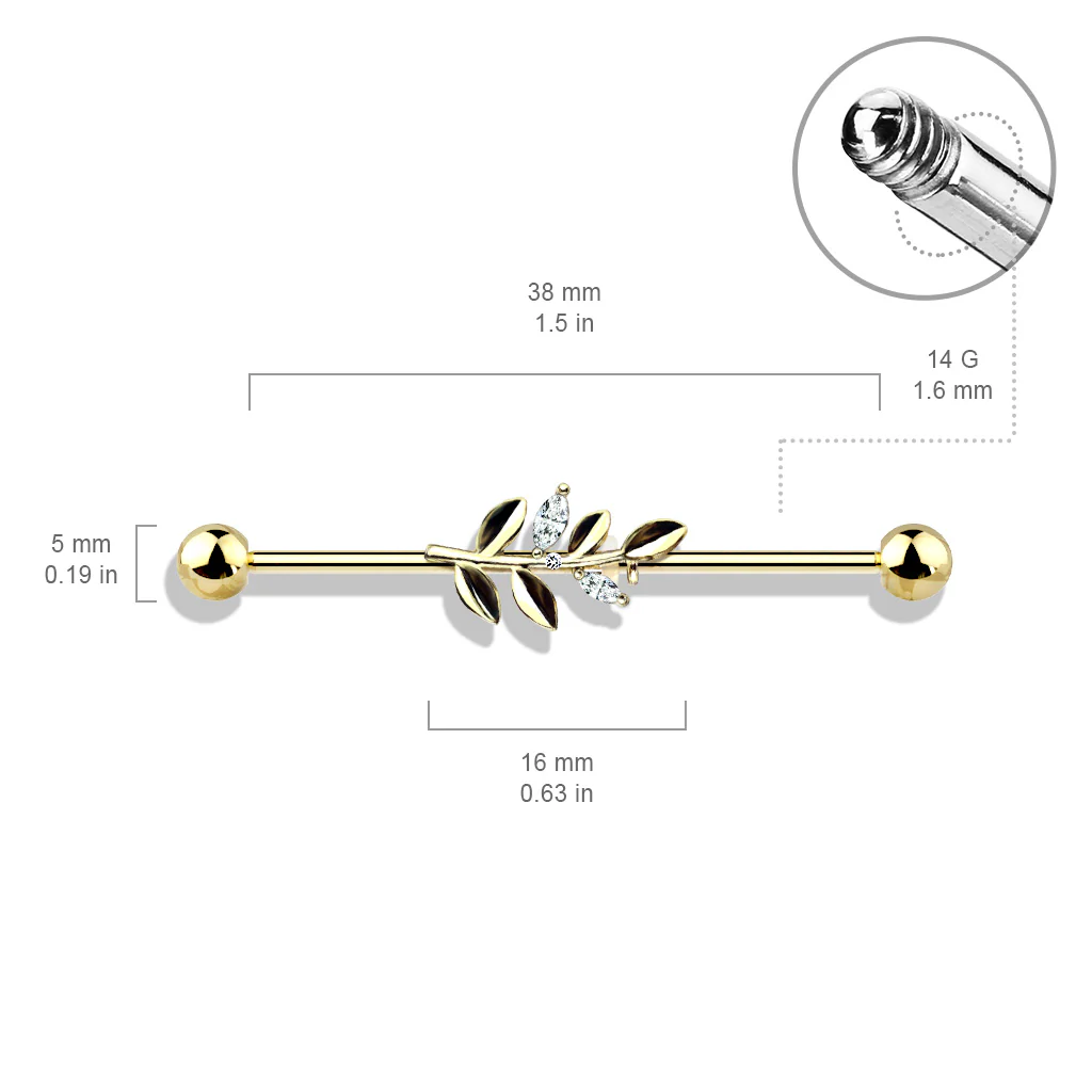 CZ Set Leaf  316L Surgical Steel Industrial Barbells - Image 3