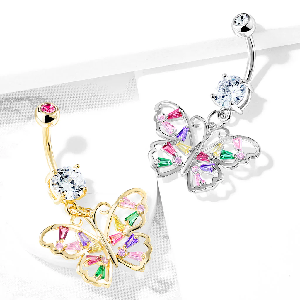 Butterfly With Multi Colored Baguette CZ Wing Dangle Navel Belly Button Ring - Image 2