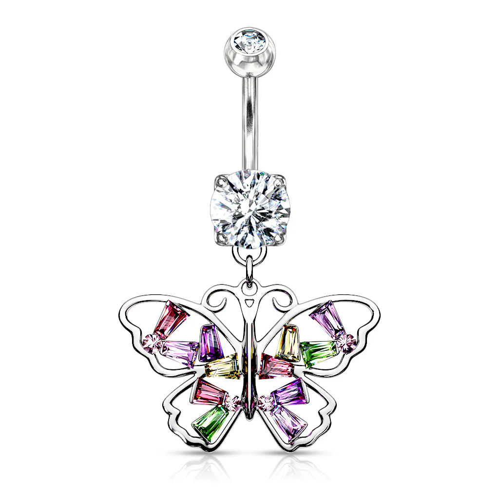 Butterfly With Multi Colored Baguette CZ Wing Dangle Navel Belly Button Ring - Image 3