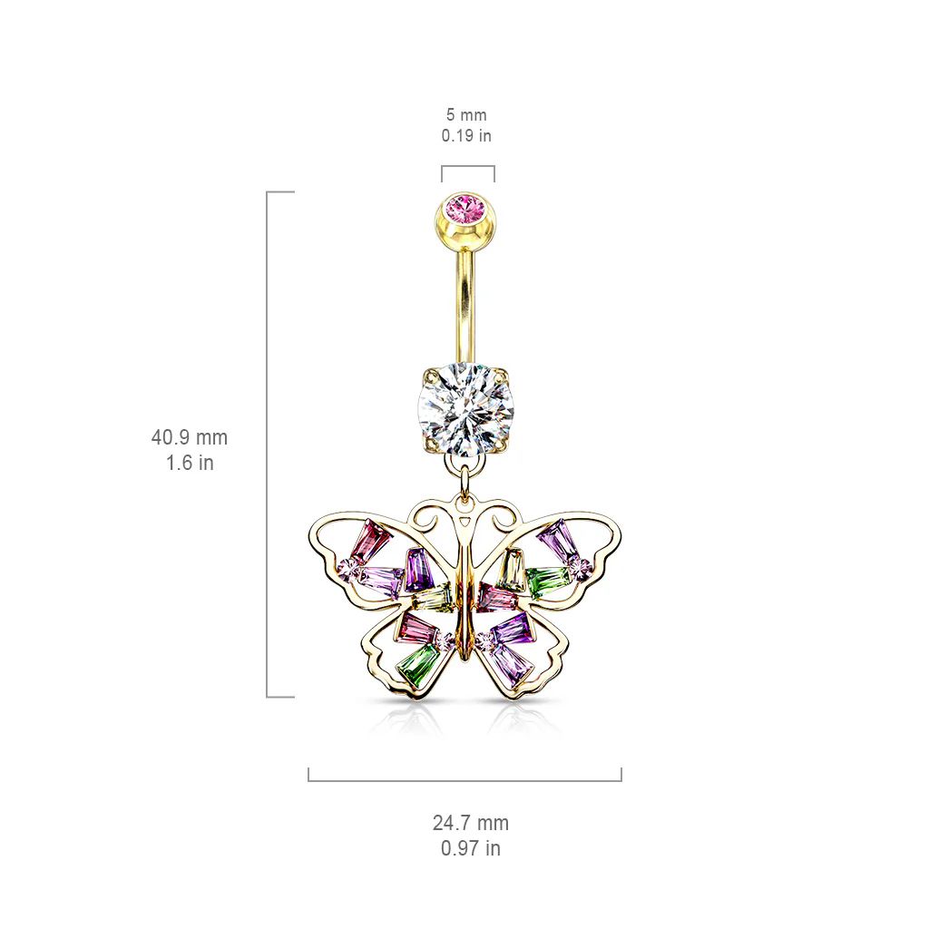 Butterfly With Multi Colored Baguette CZ Wing Dangle Navel Belly Button Ring - Image 4