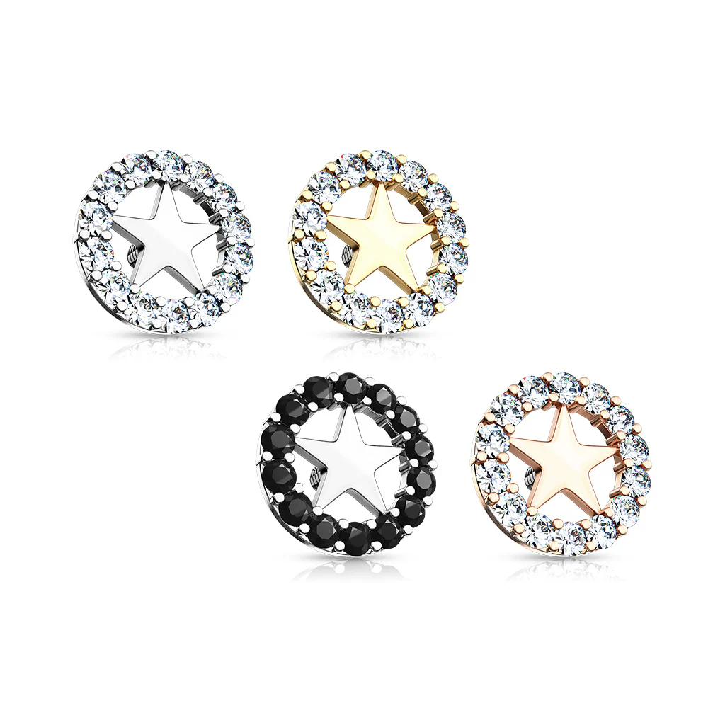 8 mm CZ Paved Circle Outline Star Internal Threaded Dermal Anchor Tops - Image 3