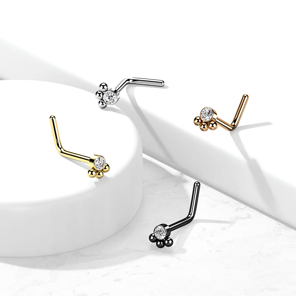 3 Beaded Ball Cluster with CZ  "L" Bend Nose Stud Ring