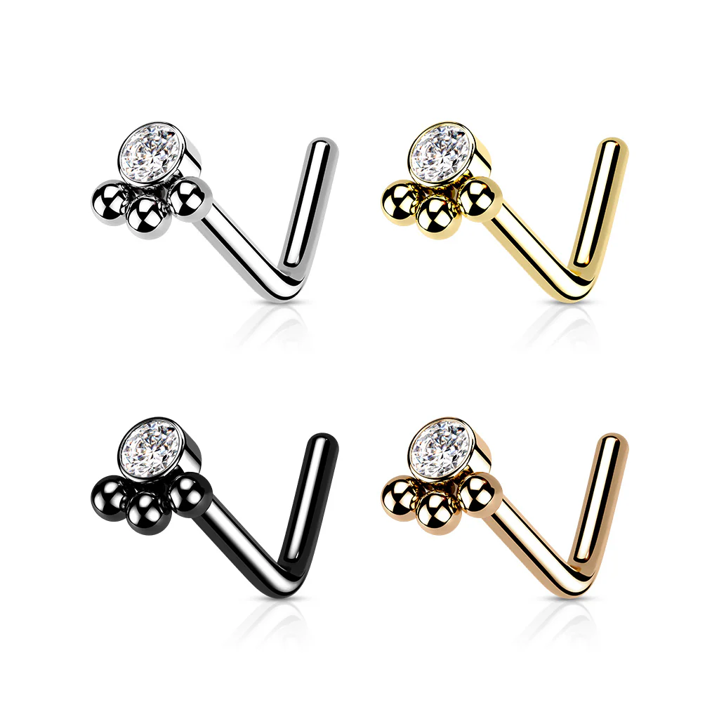 3 Beaded Ball Cluster with CZ  "L" Bend Nose Stud Ring - Image 2