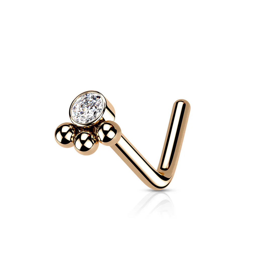 3 Beaded Ball Cluster with CZ  "L" Bend Nose Stud Ring - Image 3