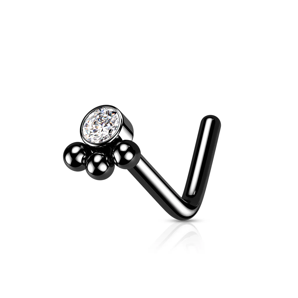 3 Beaded Ball Cluster with CZ  "L" Bend Nose Stud Ring - Image 4