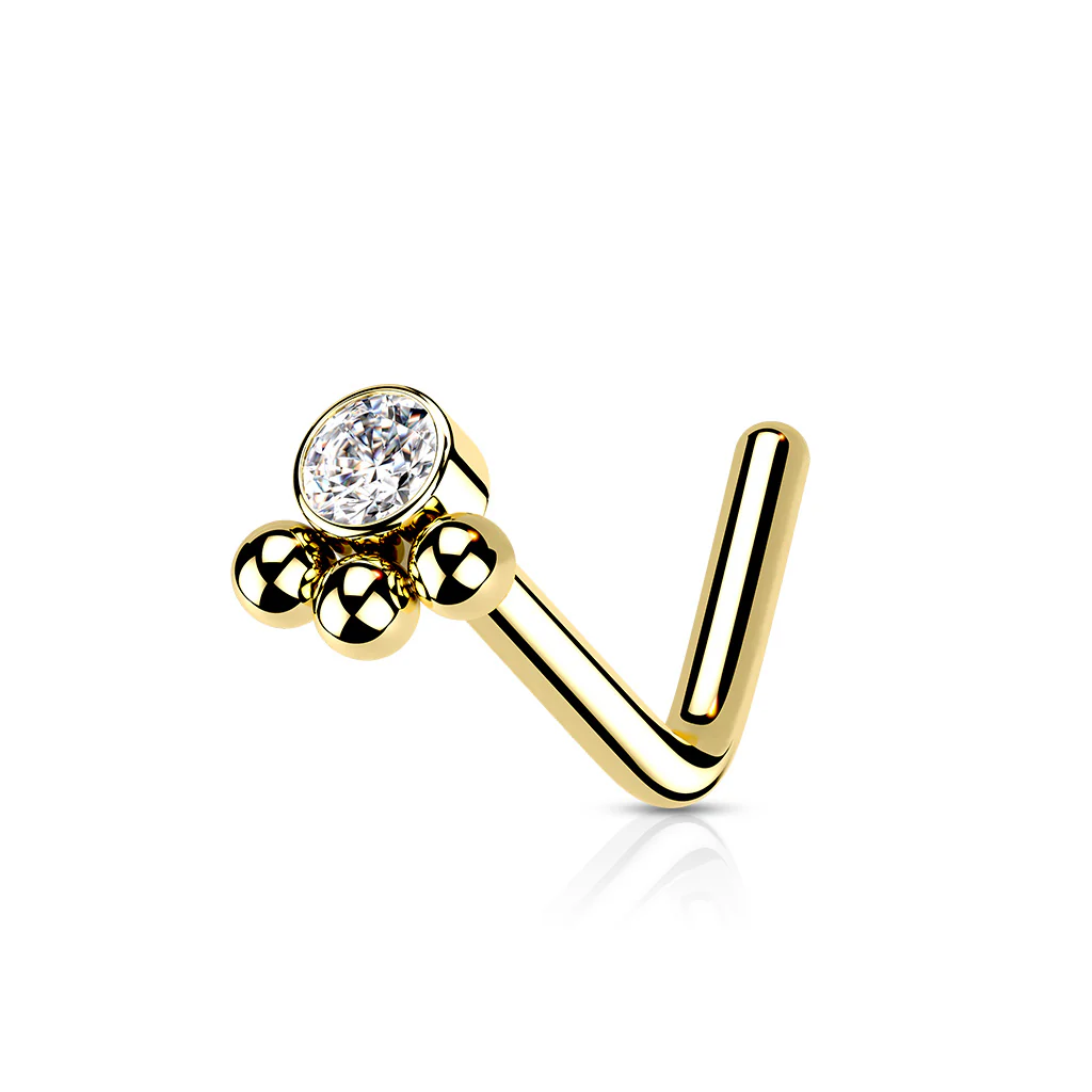 3 Beaded Ball Cluster with CZ  "L" Bend Nose Stud Ring - Image 5