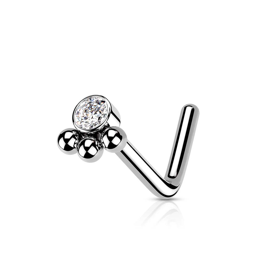 3 Beaded Ball Cluster with CZ  "L" Bend Nose Stud Ring - Image 6