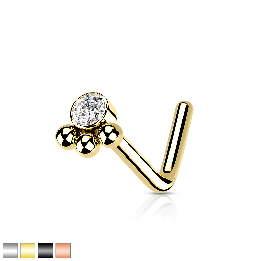 3 Beaded Ball Cluster with CZ  "L" Bend Nose Stud Ring - Image 7