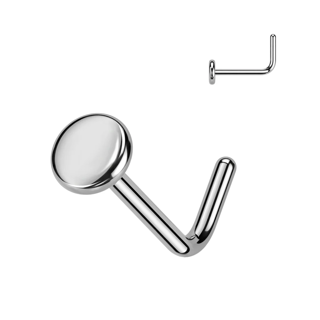 Implant Titanium Flat Disc Top L Bend Nose Stud Ring - Image 3
