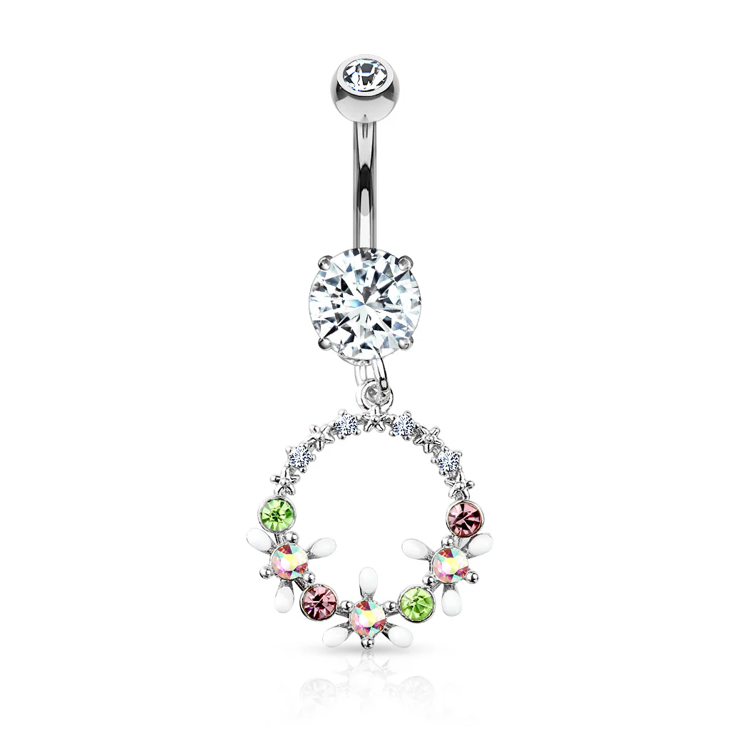 AB Crystal Flower And Colored Gem Set Circle Dangle Navel Belly Button Ring - Image 2