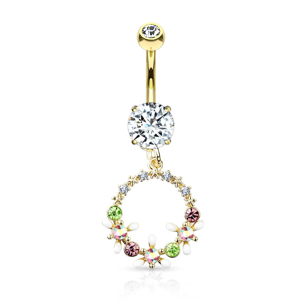 AB Crystal Flower And Colored Gem Set Circle Dangle Navel Belly Button Ring - Image 3