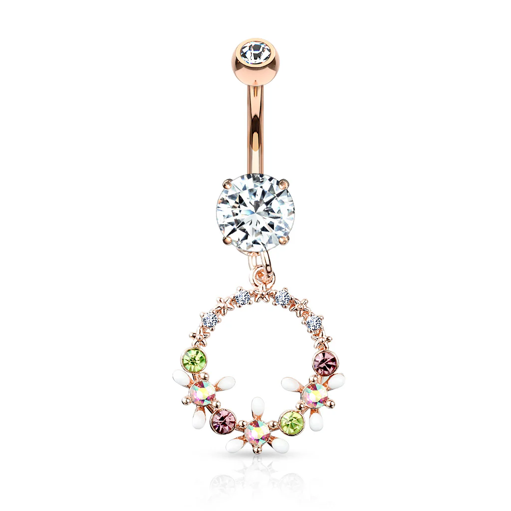 AB Crystal Flower And Colored Gem Set Circle Dangle Navel Belly Button Ring - Image 4