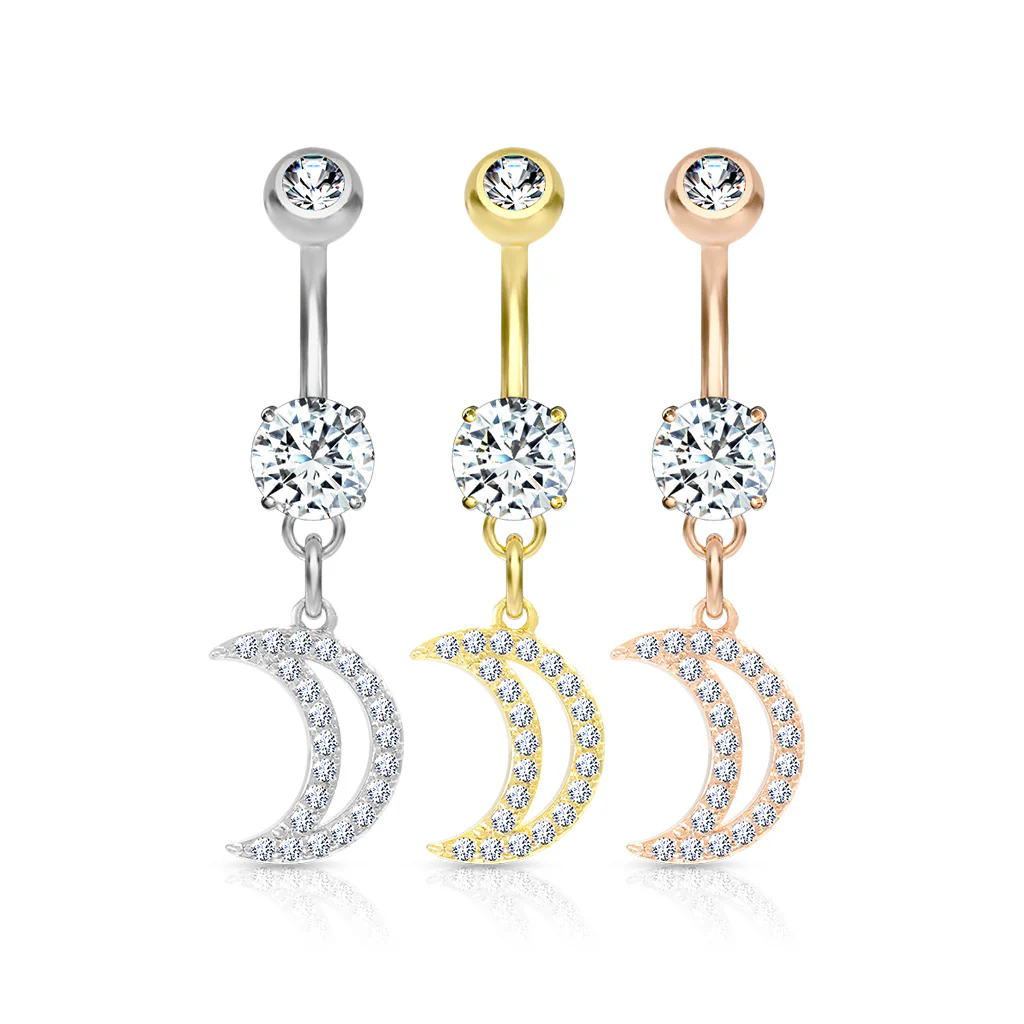 Multi CZ Paved Crescent Dangle Belly Button Navel Rings