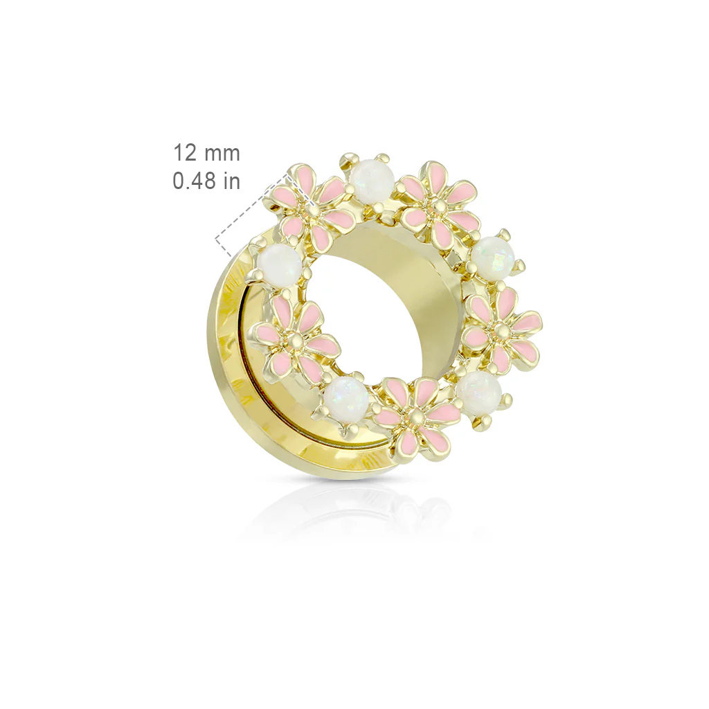 Opalite Stones And Enamel Flowers Gold Screw Fit Flesh Tunnel Ear Plugs - Image 3