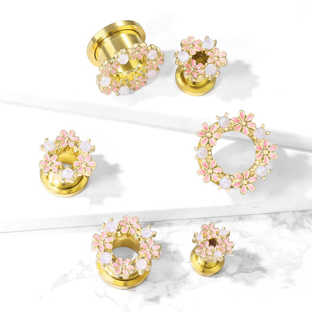 Opalite Stones And Enamel Flowers Gold Screw Fit Flesh Tunnel Ear Plugs - Image 4