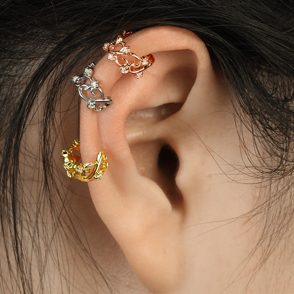 Filigree Linked Hearts CZ Non Piercing Earring Cuff - Image 2