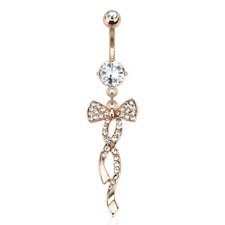 Swirling Ribbon Paved CZ Dangle Rose Gold Navel Belly Button Ring