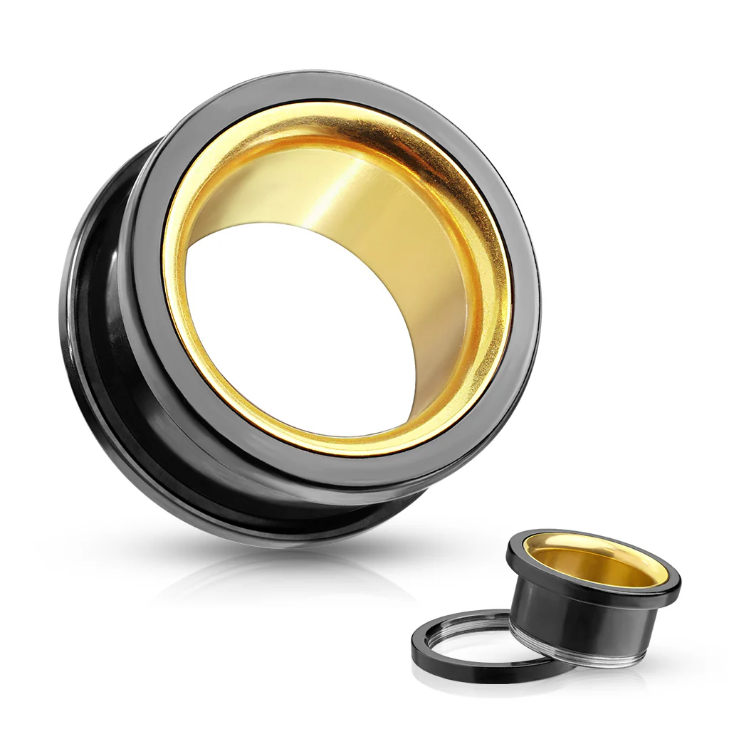 Pair Black With Gold Interior Screw Fit Double Flare Ear Tunnels Plugs - Image 2